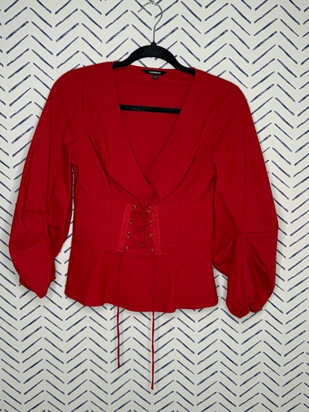 Express Red Poplin Statement Corset Blouse Balloon Sleeve Size Small